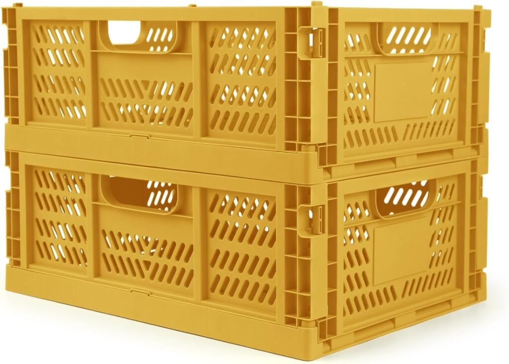 Domiella 2-Pack Crates for Storage, Storage Crates Plastic Stackable, Collapsible Folding Crate for Office Home Kitchen Bedroom Bathroom (Large, Golden Yellow)