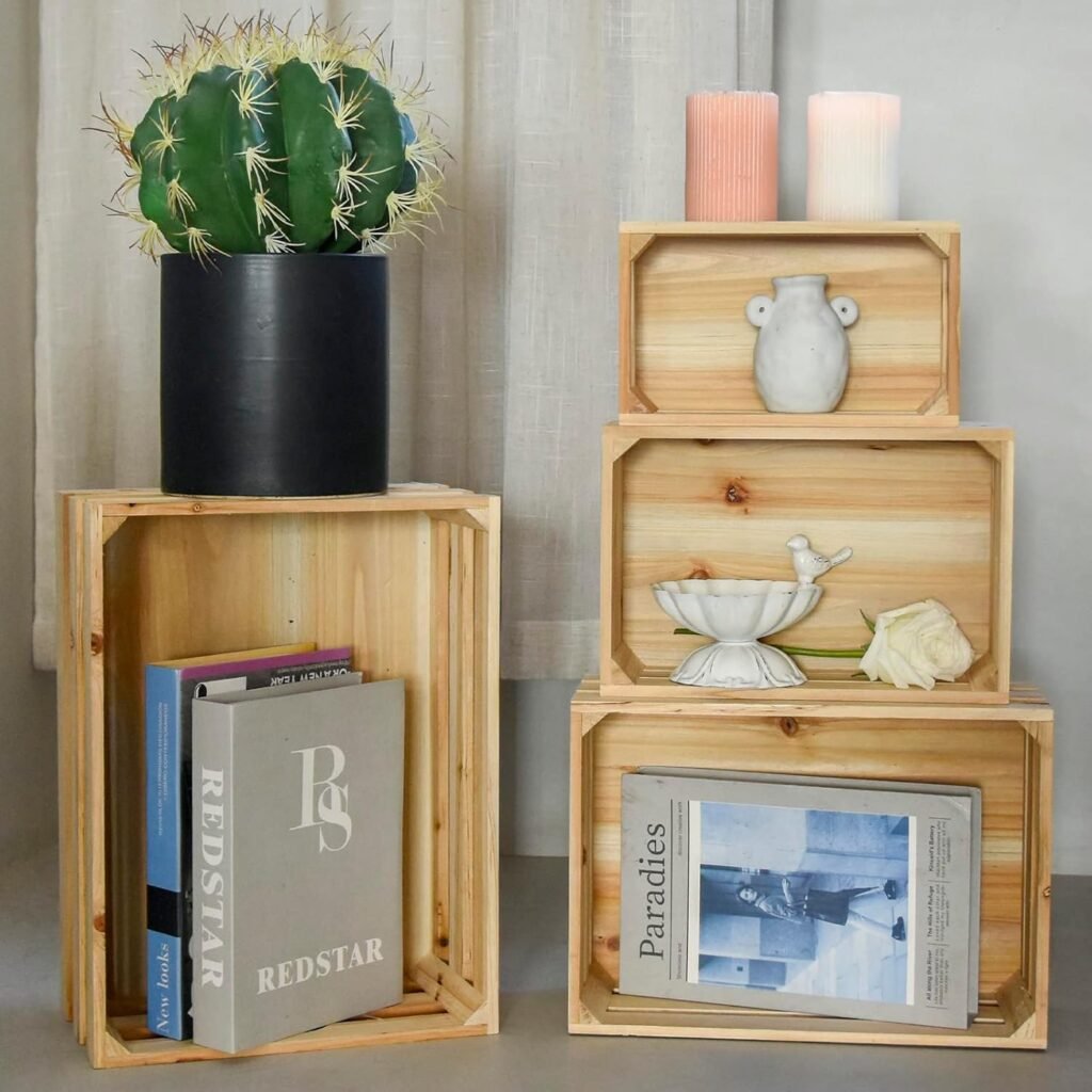 MACVAD Set of 4 Large Wooden Crates Unfinished Office Storage Crates, Decorative Wood Storage Crates for Display, Rustic Pine Wood Organizer Bin Basket for Kitchen Pantry Bathroom