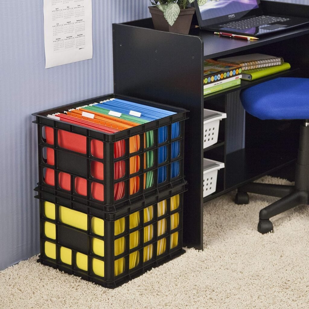 Sterilite Storage Crate, Stackable Plastic Bin Open Basket with Handles, Organize Home, Garage, Office, School, Black, 6-Pack