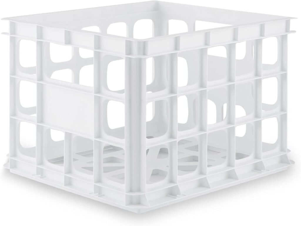 Sterilite Storage Crate, Stackable Plastic Bin Open Basket with Handles, Organize Home, Garage, Office, School, White, 1-Pack