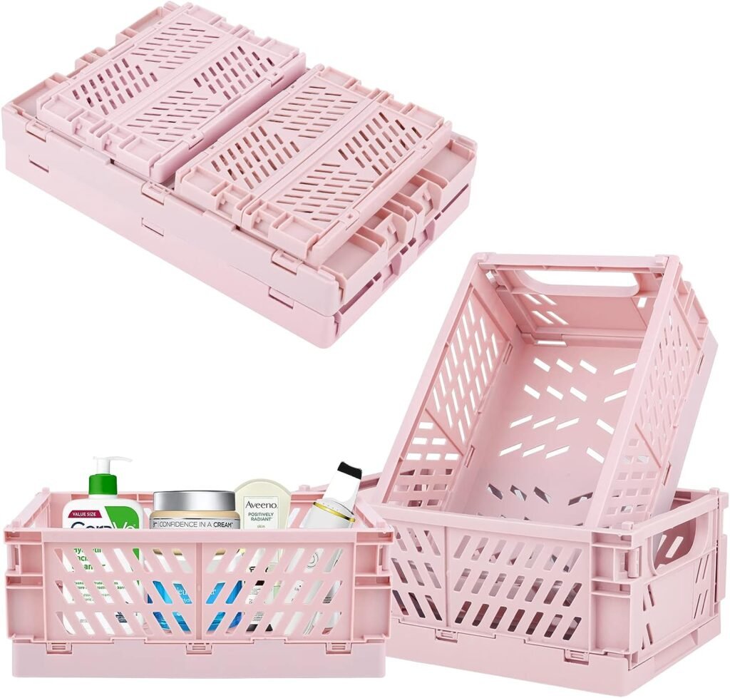 Weraher Plastic Baskets for Desk Organizing, Drawer Organizer, 2 Medium+2 Small Durable Folding Storage Crate for Home Kitchen Classroom Office Bedroom and Bathroom (Pink)