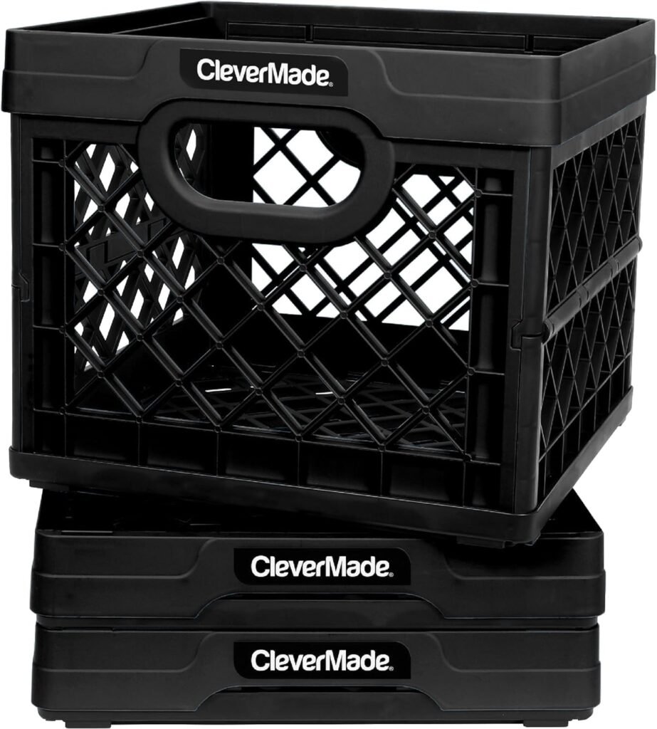 CleverMade Collapsible Milk Crate, Black, 3PK - 25L (6 Gal) Stackable Storage Bins, Holds 50lbs Per Bin - Clevercrates are Heavy Duty, Plastic Collapsible Storage Crate for Multi Purposes
