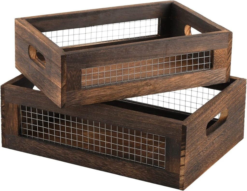Dicunoy Set of 2 Rustic Nesting Boxes, Wooden Organizer Crates Basket, Small Decorative Wood Wire Containers with Handle for Countertop, Fruit, Veggies, Kitchen, Bathroom, Pantry Storage, Gift Basket