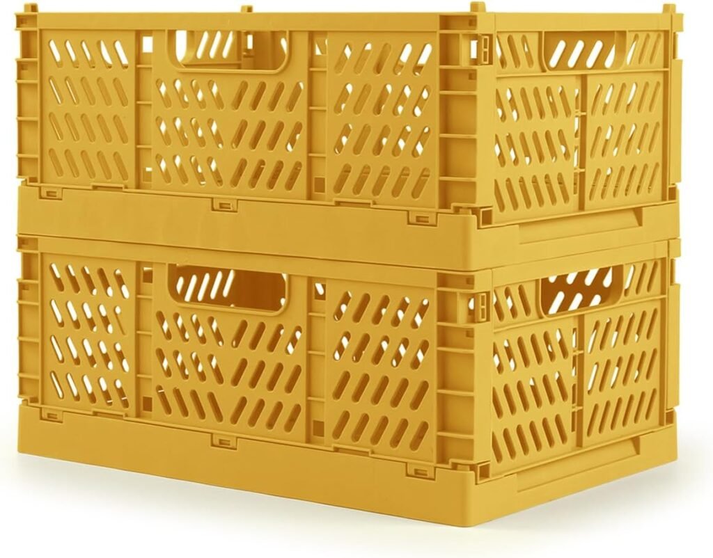 Domiella 2-Pack Crates for Storage, Storage Crates Plastic Stackable, Collapsible Folding Crate for Office Home Kitchen Bedroom Bathroom (Small, Golden Yellow)
