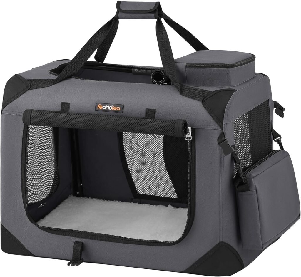 Feandrea Dog Crate, Collapsible Pet Carrier, XL, Portable Soft Dog Crate, Oxford Fabric, Mesh, Metal Frame, with Handle, Storage Pockets, 32 x 23 x 23 Inches, Dark Blue UPDC80Z