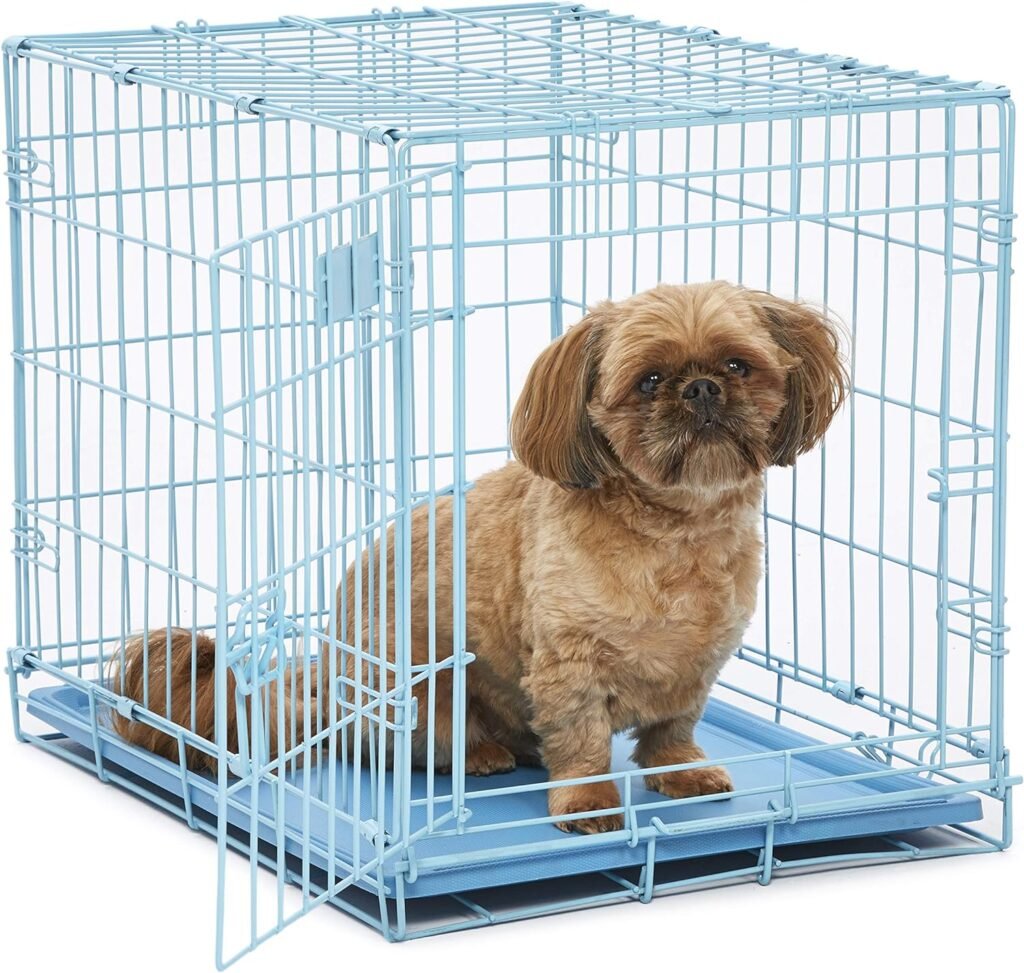 MidWest Homes for Pets Single Door Blue Folding Metal Dog Crate w/ Divider Panel, Floor Protecting Roller Feet  Leak Proof Plastic Tray, 24L x 18W x 19H Inches, Small Dog Breed