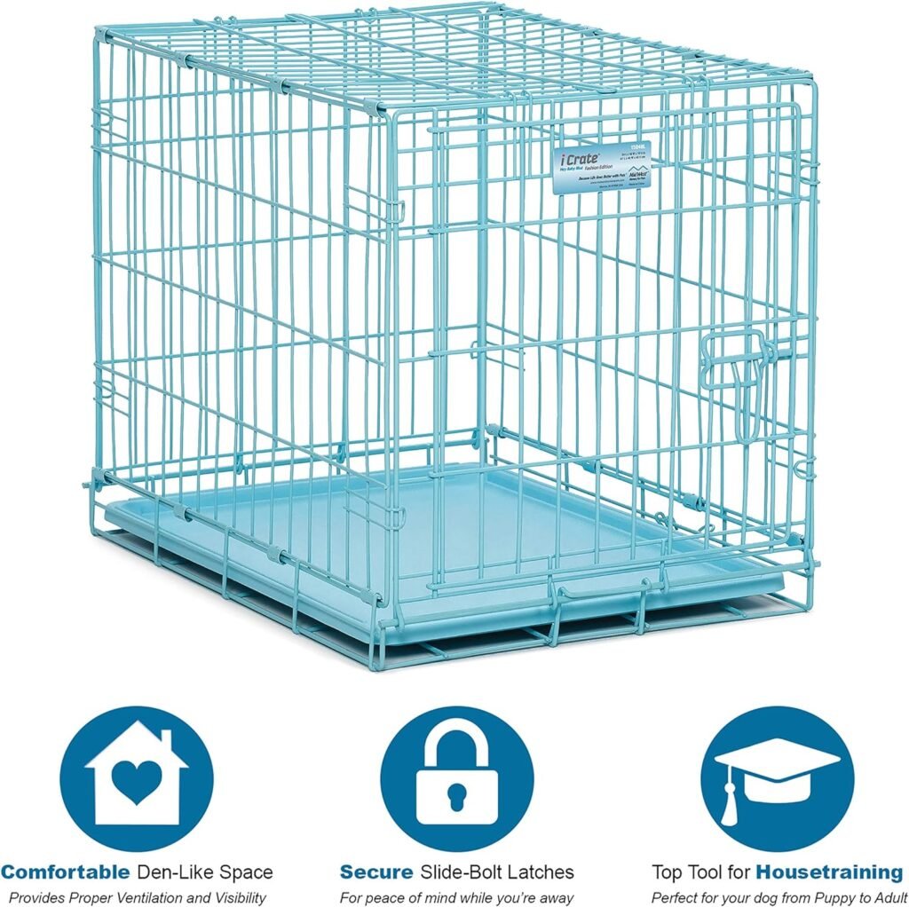 MidWest Homes for Pets Single Door Blue Folding Metal Dog Crate w/ Divider Panel, Floor Protecting Roller Feet  Leak Proof Plastic Tray, 24L x 18W x 19H Inches, Small Dog Breed