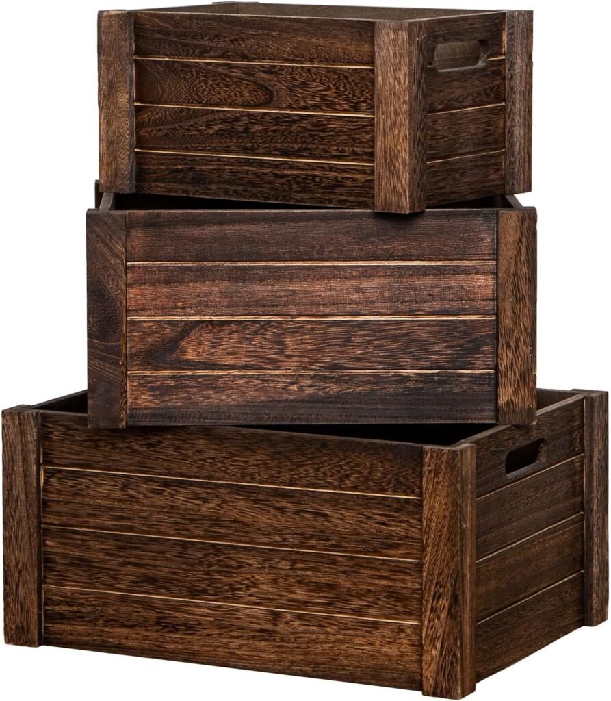 Rigalit Large Vintage Black Wooden Crates For Storage,Set Of 3 Antique Decorative Wood Crate For Storage,Nesting Handmade Solid Wood Vintage Black Wood Storage Boxes.Storage Crates For Organizing.