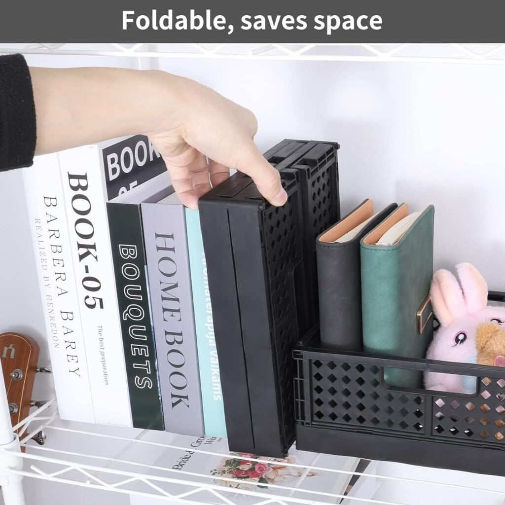 senbowe 4 Pack Plastic Foldable Storage Basket for Shelf Organizer, Stacking Collapsible Storage Crate Container Bin for Desk, Home, Kitchen, Bedroom, Classroom, Office, Bathroom (9.4 x 6.2 x 3.7”)