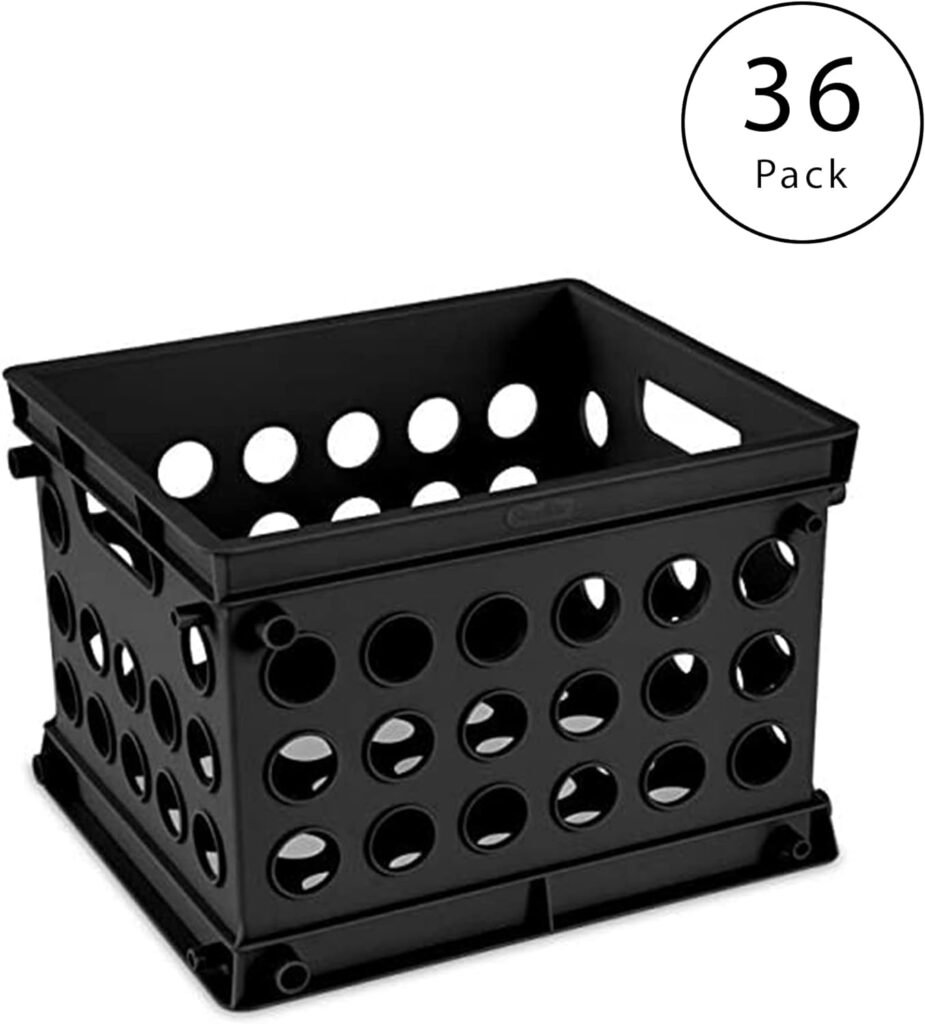 Sterilite Mini Crate, Stackable Plastic Storage Bin with Handles, Organize Home, Garage, Office, School, Dorm Room, Black, 12-Pack