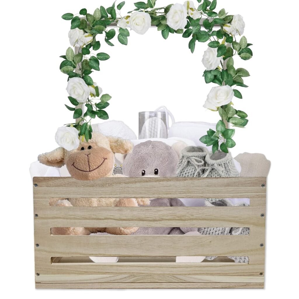 Wooden Baby Shower Crate Closet,Baby Basket with Handle,Baby Storage Crate Hamper,Baby Shower Gifts,Wooden Gift Crate,New Born Baby Gifts Basket for Girls Boys,Pregnancy Gifts for New Parents