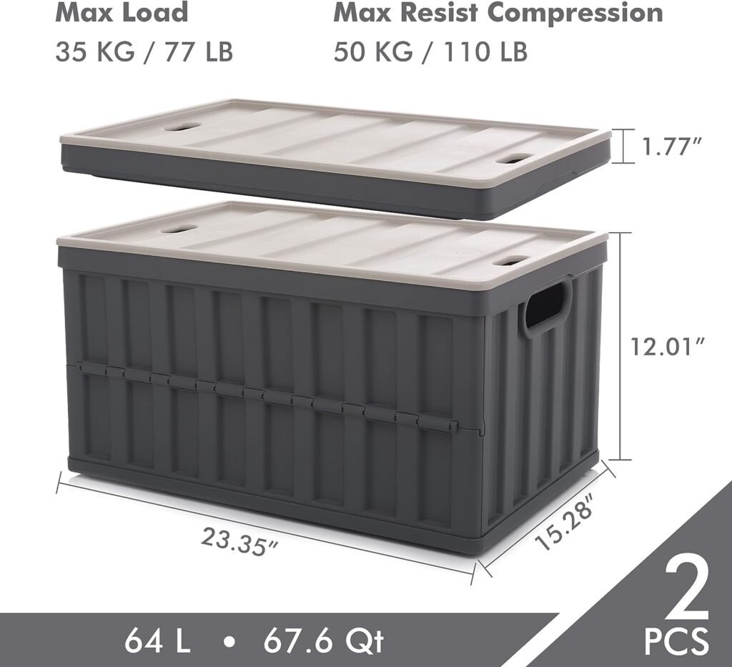 Citylife 64L Collapsible Storage Bins with Lids Plastic Storage Containers for Organizing Stackable Storage Box Large Heavy Duty Utility Crates, 2 Packs