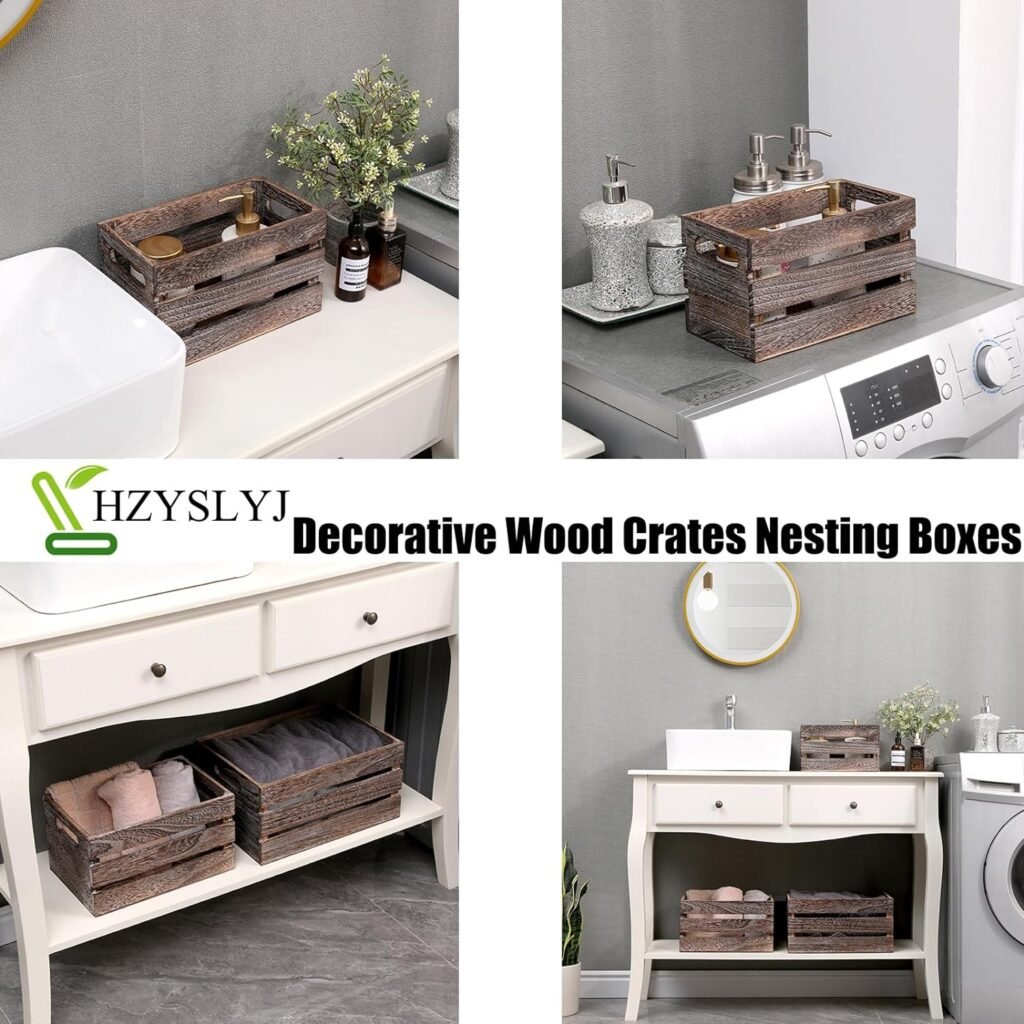 Decorative Wood Crates Nesting Boxes Wooden Storage Container-Wooden Crate,Rustic Wood Boxes for Storage,Display,Decor Boxes-Brown Set of 3