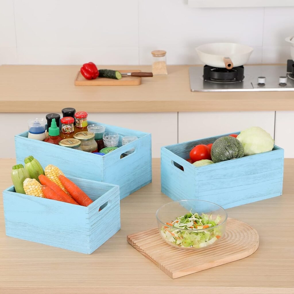 Farmhouse Antique Wood Crate, 3-piece Set Of Storage Containers With Handles For Toys, Fruits, Vegetables And Bread For Parties, Bathrooms And Kitchens (Country Blue)