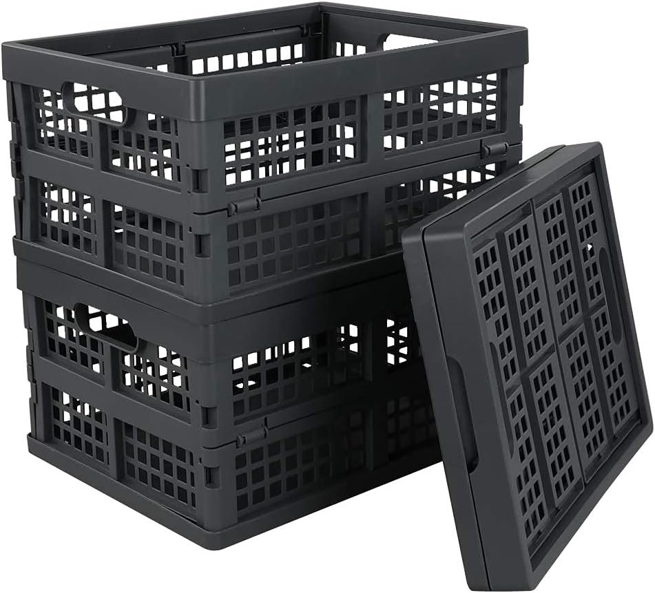 Idotry 3-PACK 15 L Plastic Stacking Folding Storage Crates, Stackable Collapsible Storage Basket