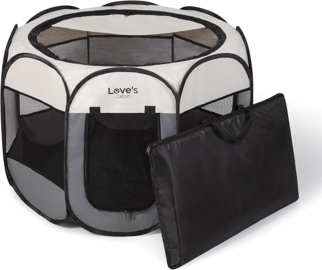 Loves cabin Pet Puppy Dog Playpen, Small Dog Tent Crates Cage Indoor/Outdoor, Portable Playpen for Dog and Cat, Foldable Pop Up Dog Kennel Playpen with Carring Case, Removable Zipper Top, Grey