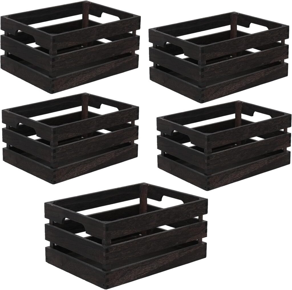 Set of 5 Nesting Wooden Crates, Rustic Wood Basket with Handles, Decorative Farmhouse display Wood large Storage crate Box (Black)