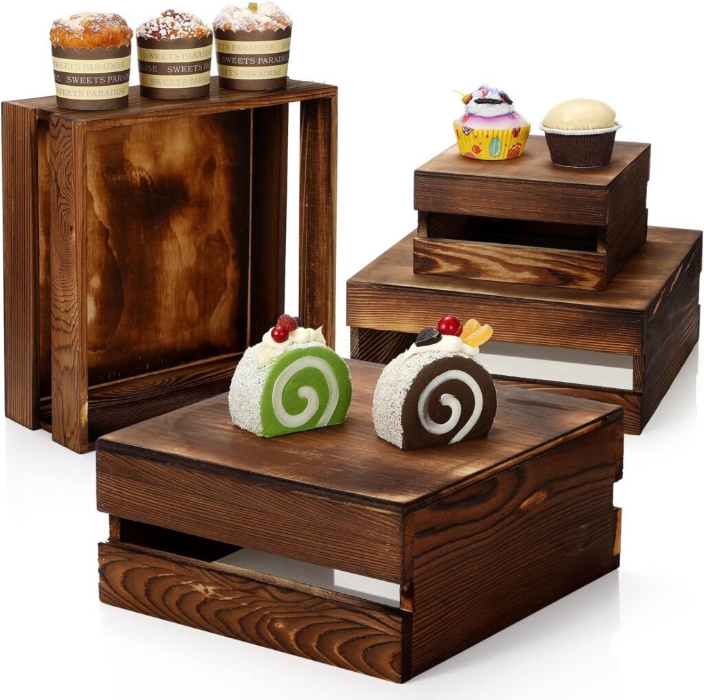 Sieral 4 Pieces Wood Cupcake Display Stand Decorative Dessert Appetizer Cake Stand Risers Wooden Crate Rustic Cake Stand Risers for Decor Wooden Crate Style Storage Organizer for Party (Rustic Color)
