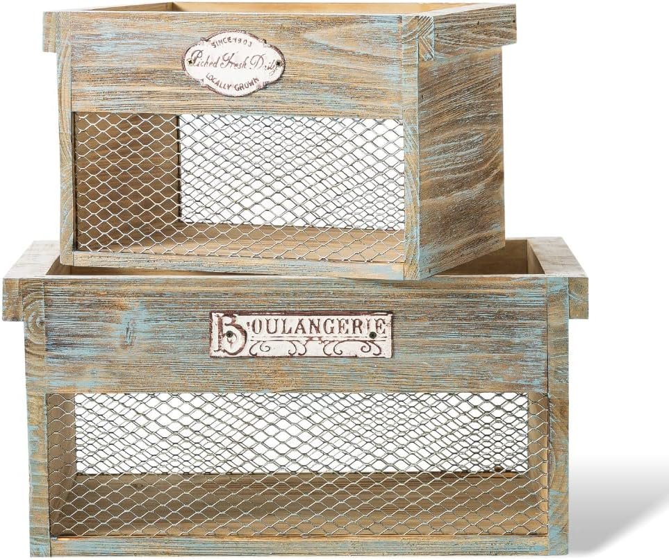 SLPR Wooden Crates with Chicken Wire for Storage and Decoration - Set of 2: Small Rustic Cottage Storage Bins, French Farmhouse Country Style Containers, Vintage Wood Decorative Boxes for Display
