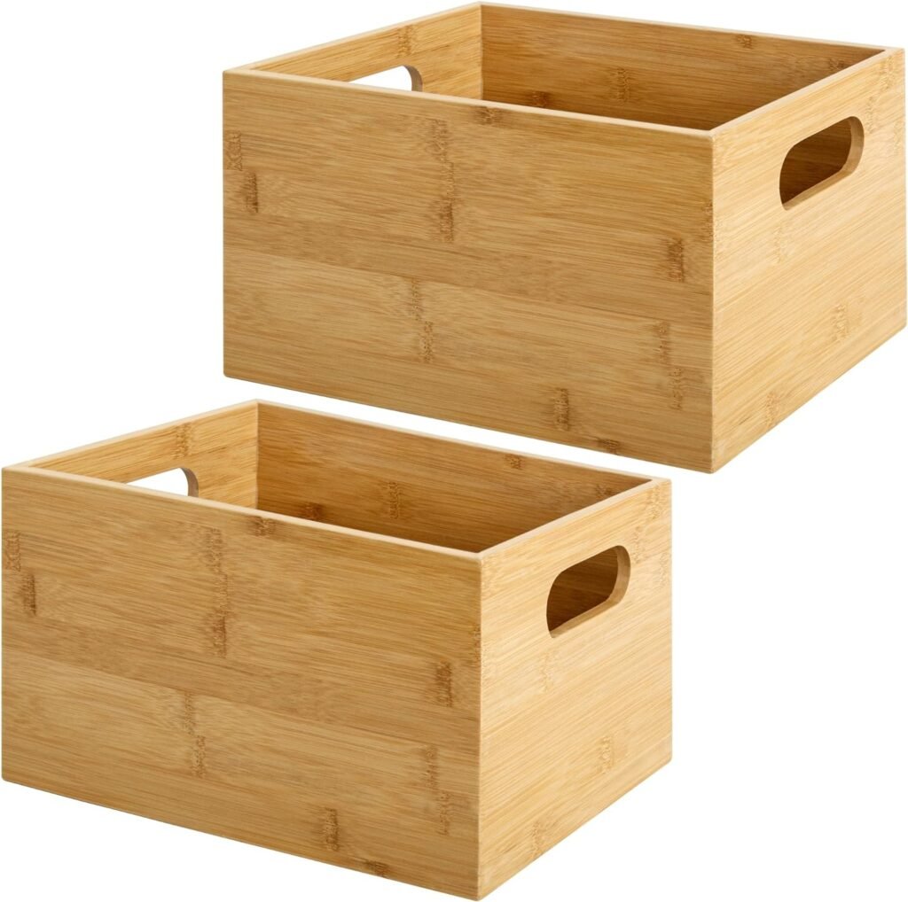 StorageWorks Bamboo Organizers for Shelves, Handcrafted Bamboo Storage Containers for Snacks, Spices, or Drinks, Wooden Crates with Built-in Handles, 2 Pack