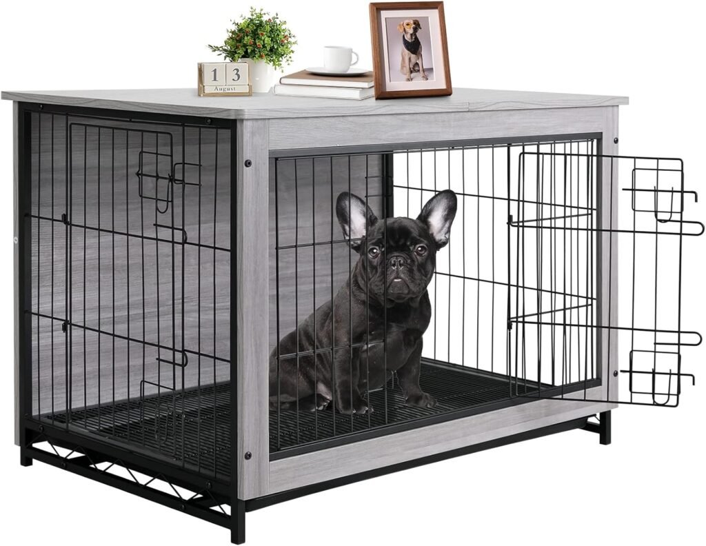 TLSUNNY Dog Crate Furniture, 29.1 Wooden Side End Table, Modern Dog Kennel with Double Doors, Heavy-Duty Dog Cage with Pull-Out Removable Tray, Indoor Medium/Large/Small Pet House Furniture, (Grey)