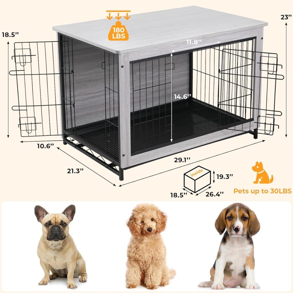 TLSUNNY Dog Crate Furniture, 29.1 Wooden Side End Table, Modern Dog Kennel with Double Doors, Heavy-Duty Dog Cage with Pull-Out Removable Tray, Indoor Medium/Large/Small Pet House Furniture, (Grey)