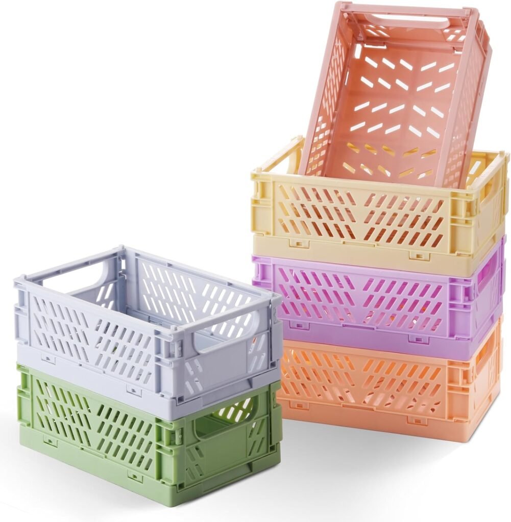 6-Pack Pastel Storage Crates, Mini Plastic Crates, Small Baskets for Organizing, Collapsible Storage Crates for Bedroom Decor Classroom Office Kitchen Home (5.8x 3.8 x 2.2)