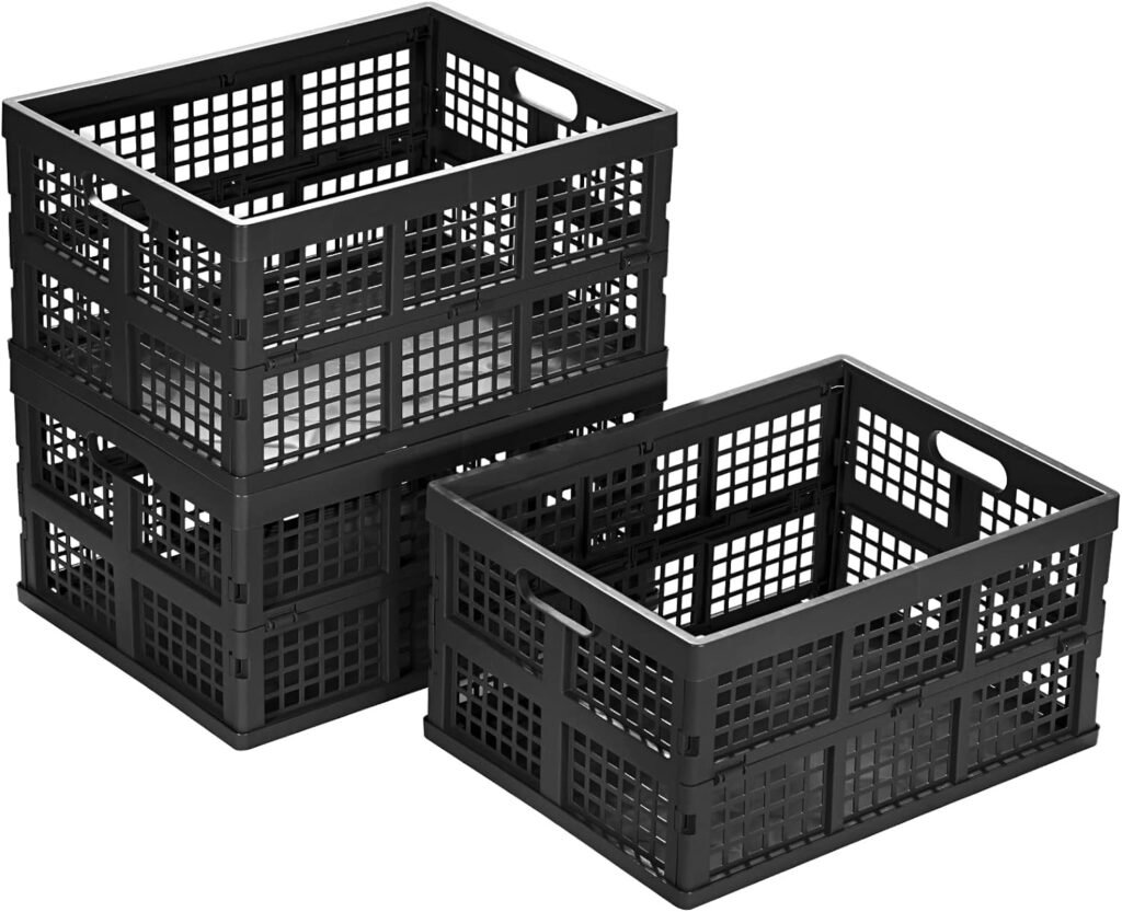 Eslite 34L Large Plastic Folding Storage Crates,Collapsible Crates for Storage,Pack of 3 (Black)