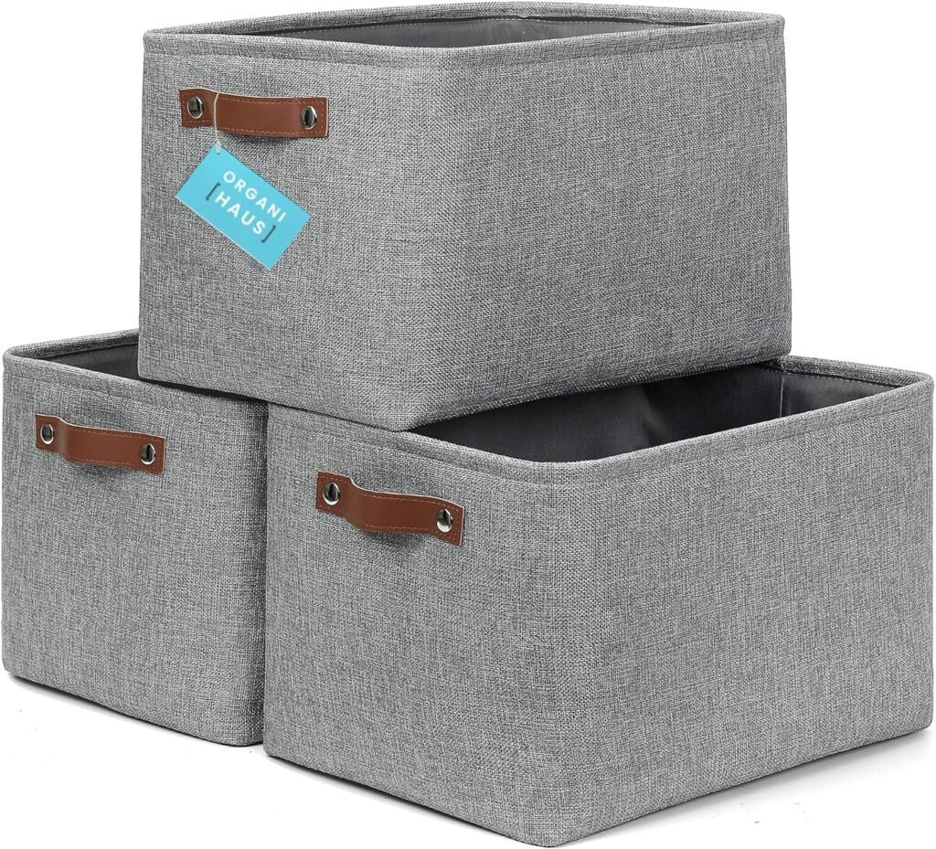 OrganiHaus Large Fabric Storage Baskets for Shelves 3 Pack | 15x11in Closet Storage Bins for Shelves | Cloth Baskets | Linen Closet Organizers and Storage Baskets | Fabric Basket - Gray Basket