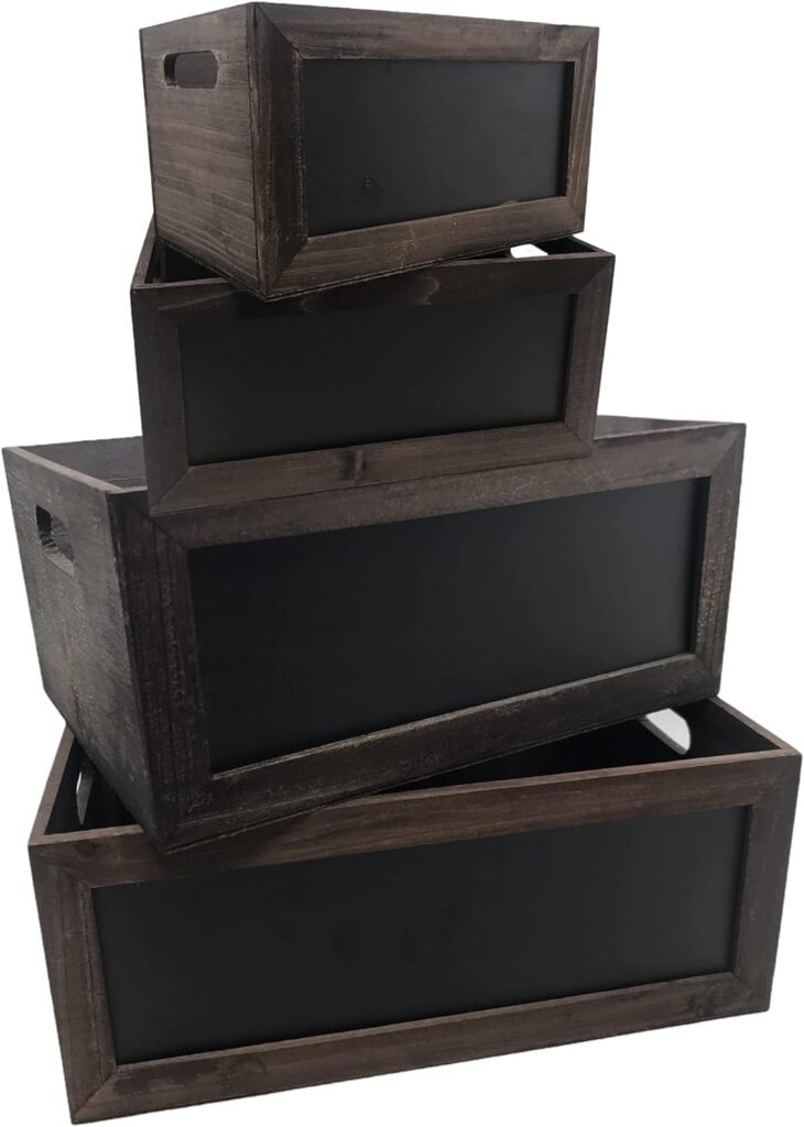 Set of 4 Rustic Brown Wood Nesting Storage Crates | Chalkboard Front Panel | Cutout handles | Ideal for Storage, Decoration, Party , Kitchen, Office and More