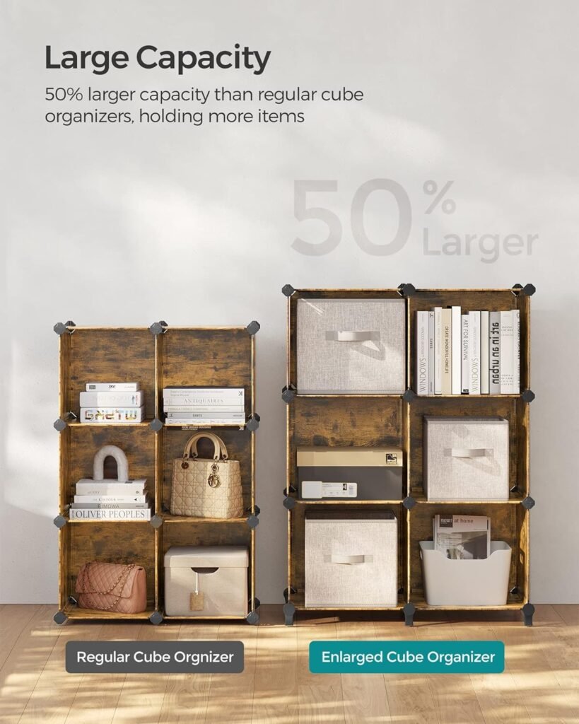 SONGMICS 6 Cube Storage Organizer, DIY Closet Shelf, Plastic Clothes Organizer, Modular Bookcase, 11.8 x 11.8 x 11.8 Inch Cubes, with Feet and Rubber Mallet, Rustic Brown ULPC111A01