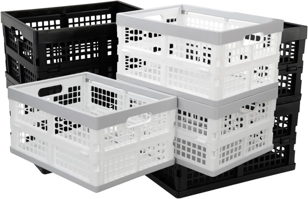 4 Packs Black Collapsible Milk Crates, 15 L Plastic Stackable Storage Bins Utility Folding Baskets, Black