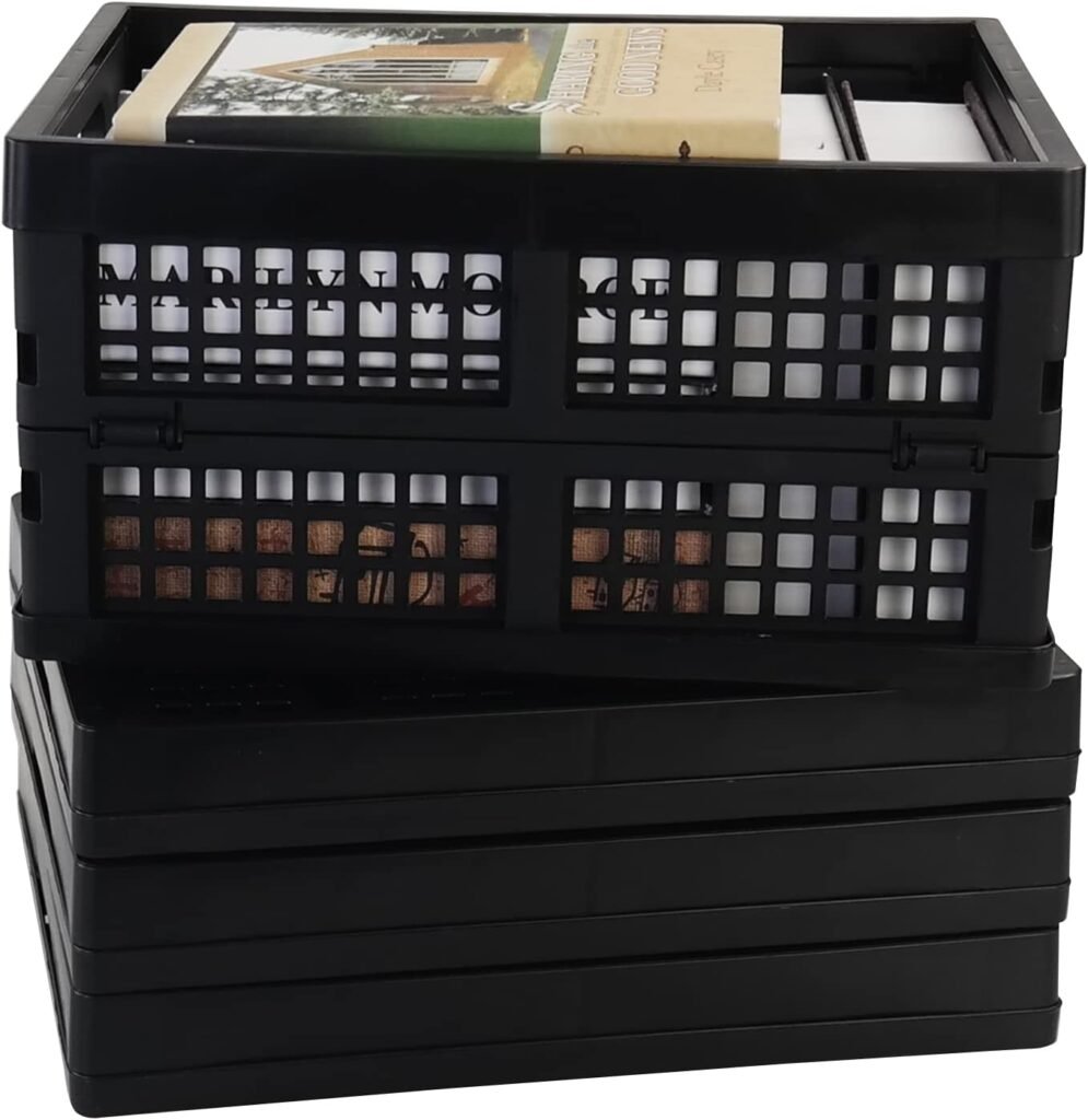 4 Packs Black Collapsible Milk Crates, 15 L Plastic Stackable Storage Bins Utility Folding Baskets, Black