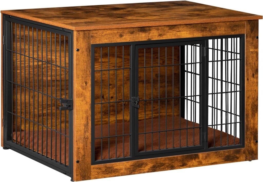 Bigrab Dog Crate Furniture with Thick Cushion, Side End Table Wooden Dog Cage with Double Doors, Chew-Resistant Dog Kennel Dog House Indoor for Small to Large Dog, S