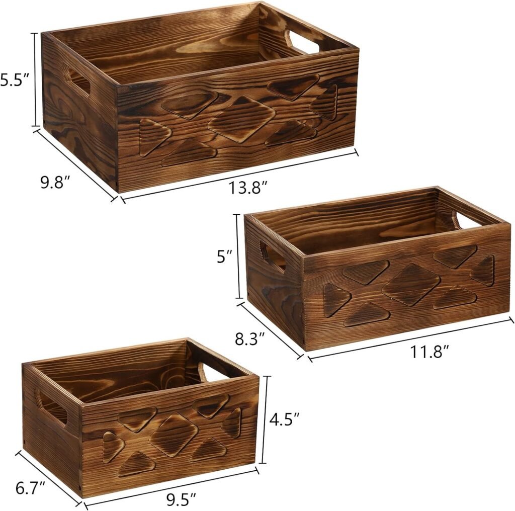 Fasmov 3 Pack Wood Nesting Storage Crates with Handle, Wood Crates Rustic Decorative Wooden Crates Nesting Storage Container Box Decorative Basket Bins for Fruit Vegetable Laundry Farmhouse, 3 Sizes