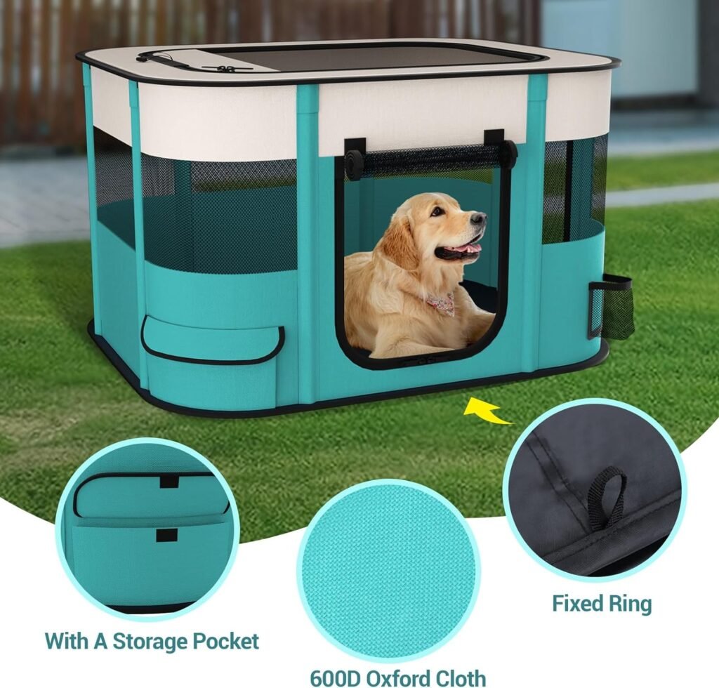 Foldable Playpen for Dogs, 44*44*23 Waterproof Portable Dog Cat Crate Pet Exercise Kennel Tent, Puppy Kitten Cage with Shade Cover, Indoor House Outdoor Travel Use for Dog, Cat, Rabbit, Green Large