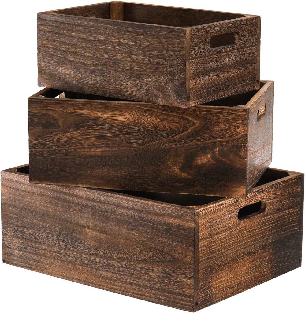Frcctre Set of 3 Wood Nesting Storage Crates with Handles, Decorative Farmhouse Wooden Crates Storage Containers Rustic Handmade Natural Solid Wood Basket