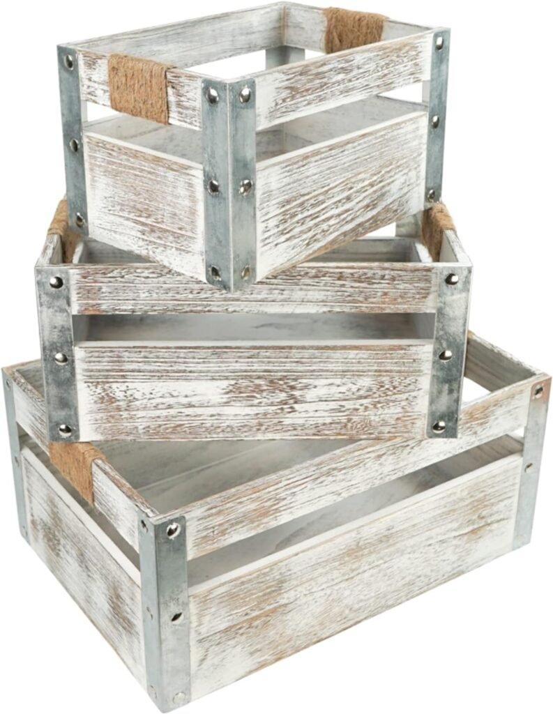 Gozo Wooden Storage Crates Set of 3 – Rustic Farmhouse Nesting Crates with Handles – Wood Boxes for Crafts – Decorative Storage Crate – Farmhouse Decor for Living Room, Bathroom, Kitchen  Bedroom