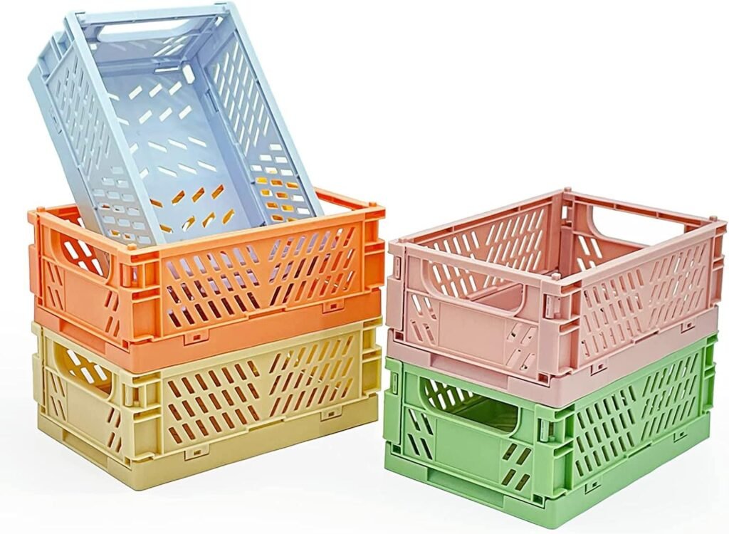 MONKISS 5-Pack Pastel Crates for Desk Organizers, Mini Plastic Baskets for Office Organization, Aesthetic Crate Stacking Folding Storage Baskets for Home Kitchen Bedroom Decor (5.9 x 3.8x 2.2）