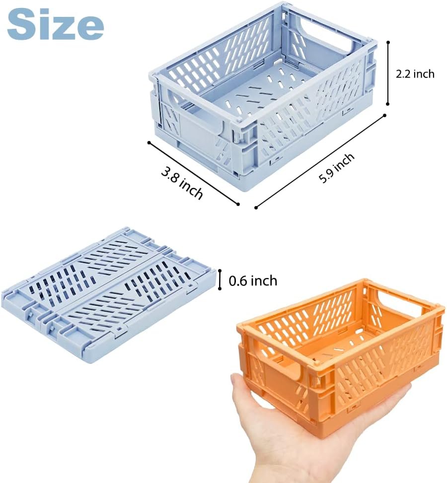 MONKISS 5-Pack Pastel Crates for Desk Organizers, Mini Plastic Baskets for Office Organization, Aesthetic Crate Stacking Folding Storage Baskets for Home Kitchen Bedroom Decor (5.9 x 3.8x 2.2）