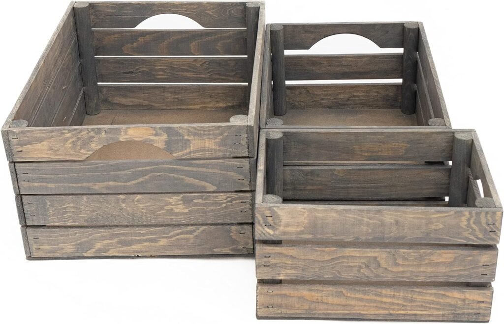 Rustic Wood Crates for vintage decorative display, Nesting Crate set for storage and farmhouse style decor, wooden boxes made from 100% Wood (Dark Brown, Nested Square Set of 4)