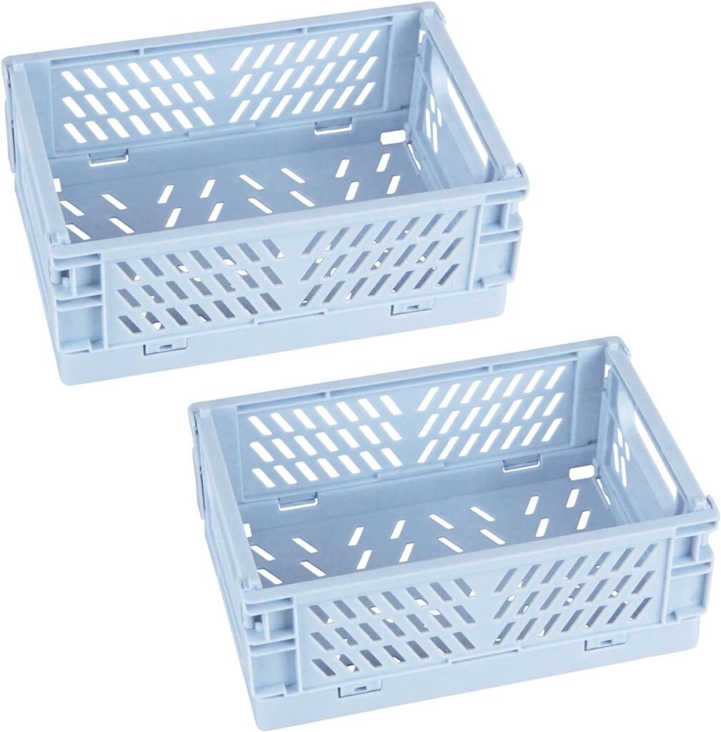 2-Pack Mini Foldable Plastic Baskets for Organizing and Storage, Collapsible Storage Crate for Home Kitchen Bedroom Bathroom Office (5.9x3.8x2.2, Blue)