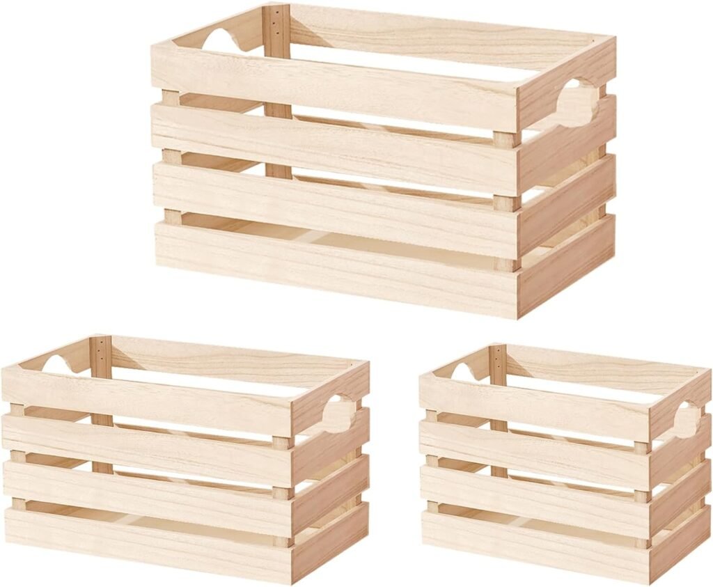 3 Pack Rustic Wooden Nesting Crates with Handles,Decorative Wood Crates Crate Box Wooden Storage Box Nesting Solid Wood Crates for Kitchen,Bedroom,Closet Display and Organization