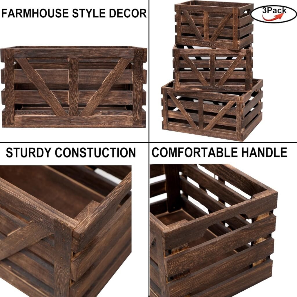 Decorative Wood Crates Nesting Crates Wooden Storage Container,Farmhouse Wood Crates for Storage,Display,Decor Boxes-Brown Set of 3