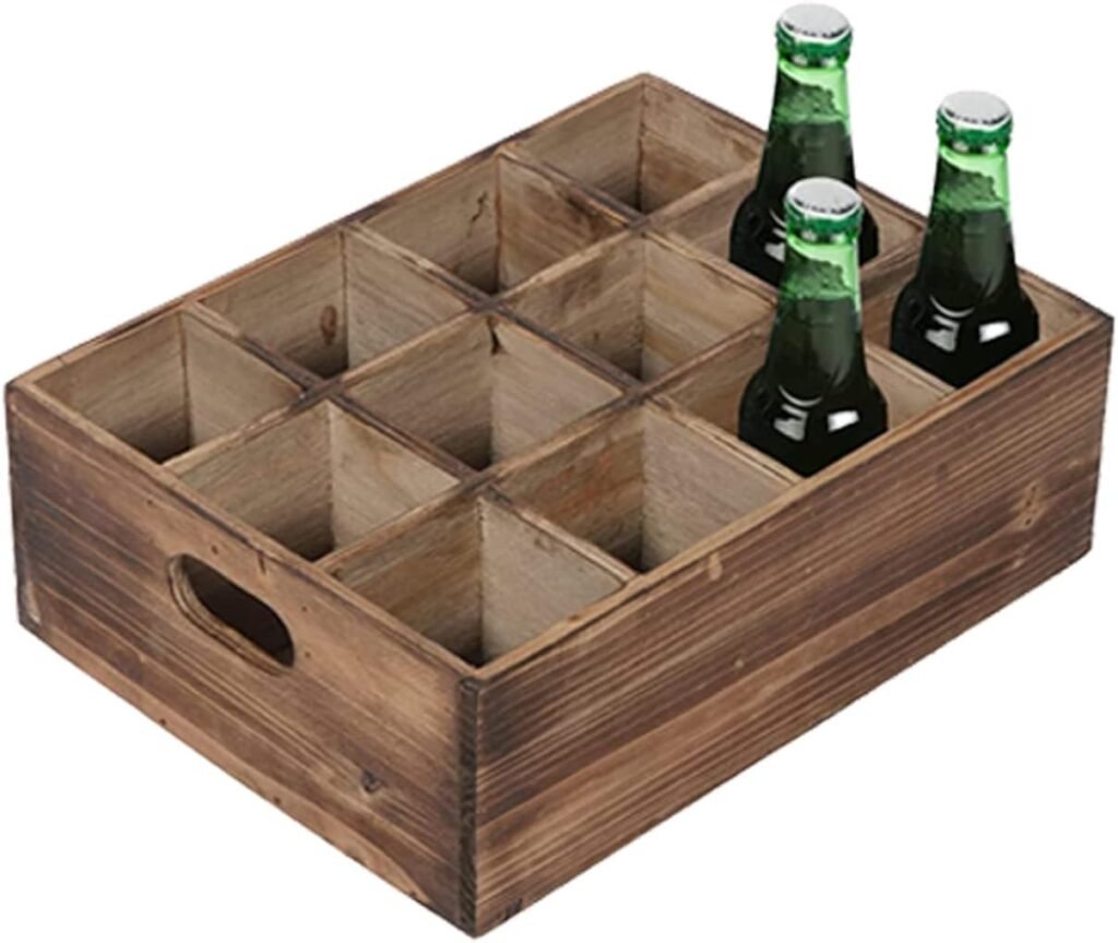 Farmhouse Wooden Crates for Display, 13 x 10 Wooden Bottle Caddy, Crates for Decoration, Boxes with Carrying Handles, Small Rustic Wood Crates with 12 Individual Slots,