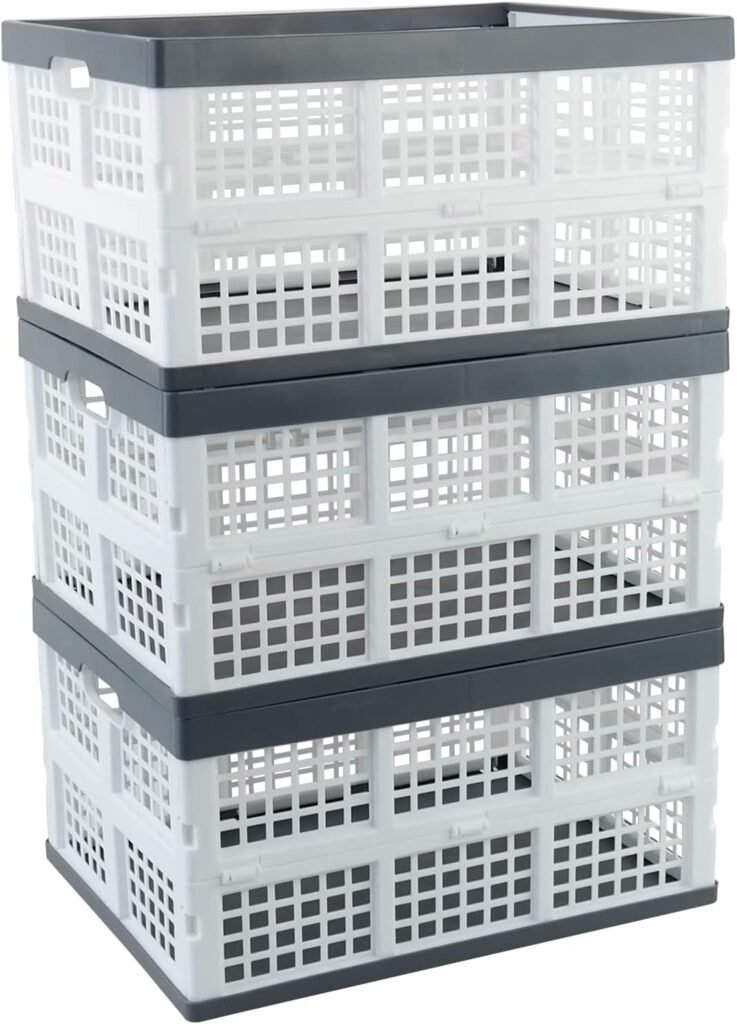 3-Pack 30 L Plastic Stackable Collapsible Basket, Folding Storage Crate, White