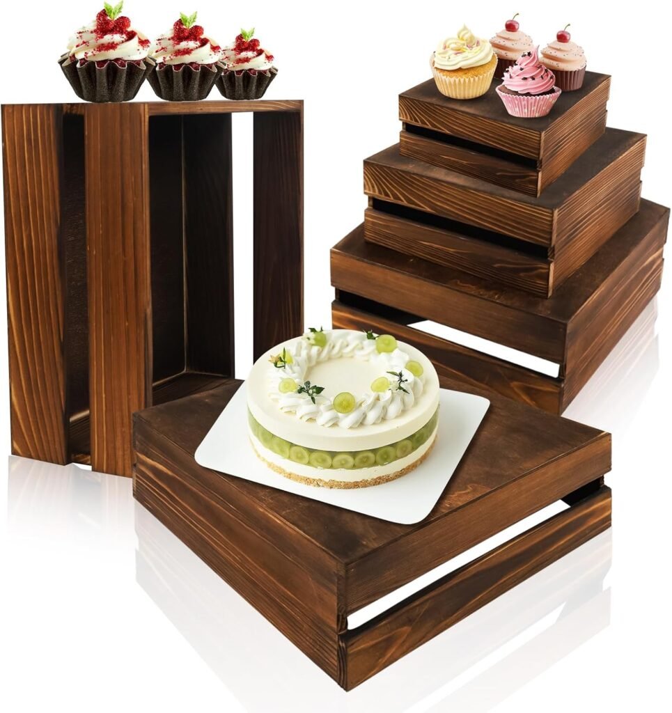 5 Pieces Rustic Wood Cake Stand, Food Risers for Display Decorative, Wooden Crate Storage Organizer Vintage Cupcake Dessert Display for Party Table Wedding… (Brown)