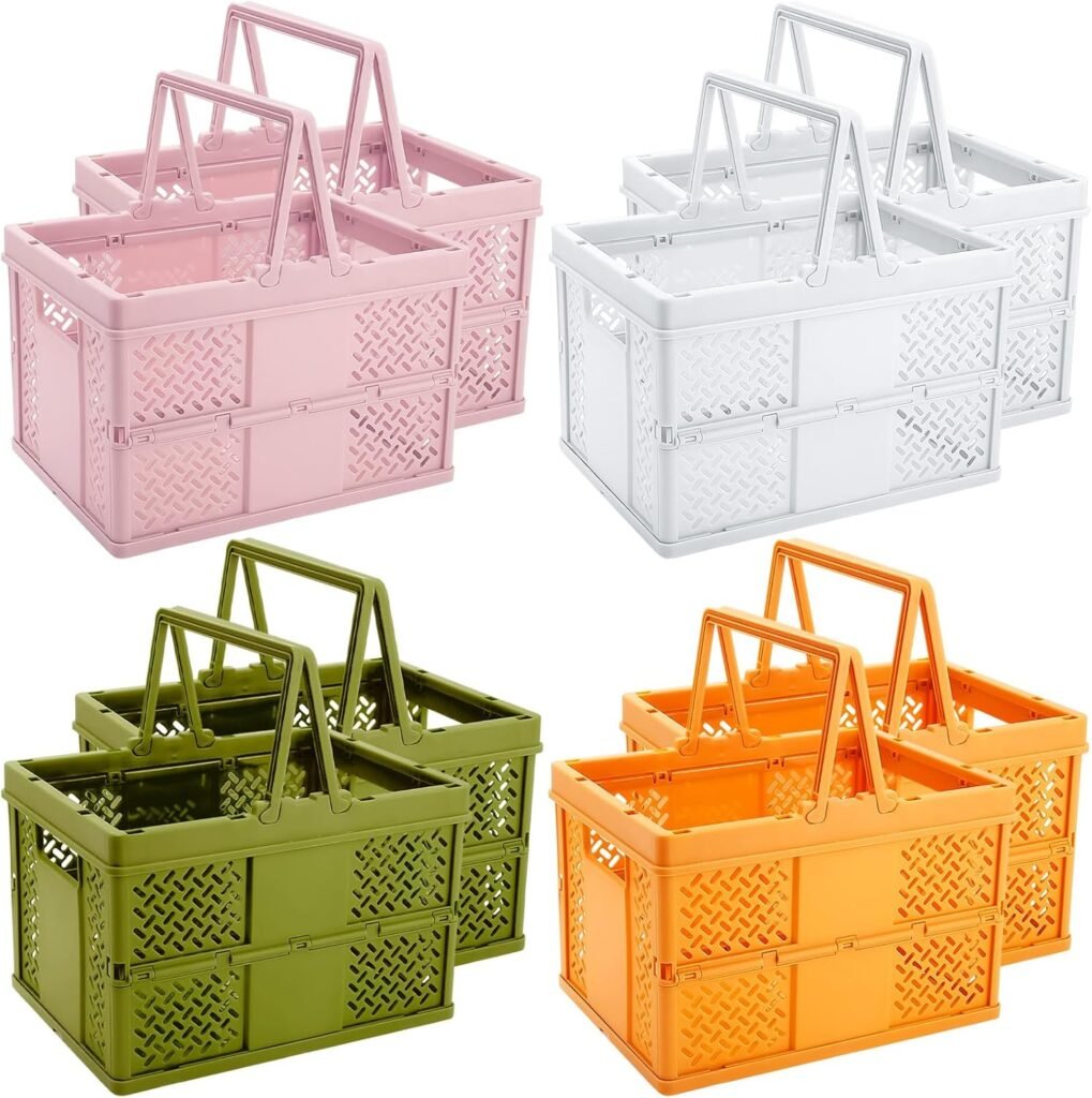 Layhit 8 Pieces Plastic Storage Basket with Handles Collapsible Crates for Storage Stackable Crates for Home Bedroom Office Kitchen Classroom Organizing Decoration, 9.3 x 6.9 x 6.1 Inch, 4 Colors