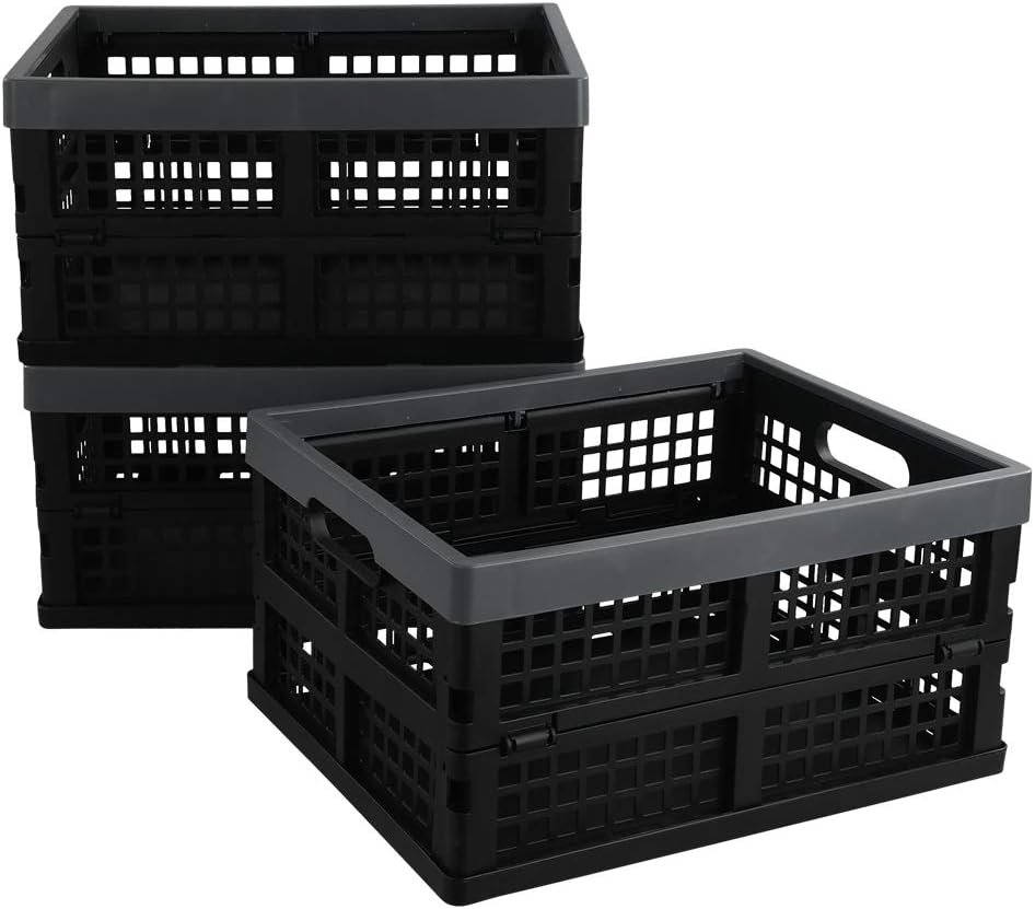 3-Pack 15 L Plastic Collapsible Crate, Folding Storage Baskets, Black