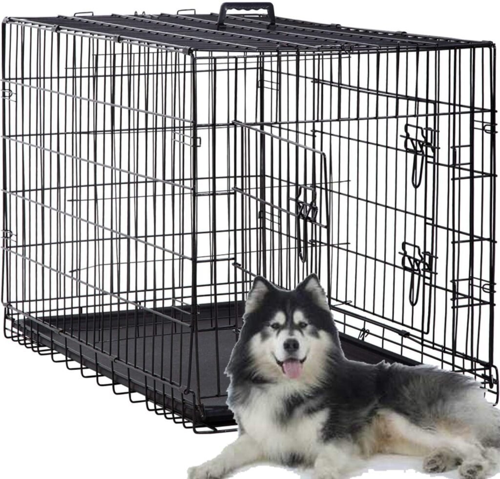 48 Inch Large Dog Crate Dog Kennel Cage Metal Wire Crates Pet Cages Double-Door Foldable Kennels with Handle and Plastic Tray IndoorOutdoor,Black XXL